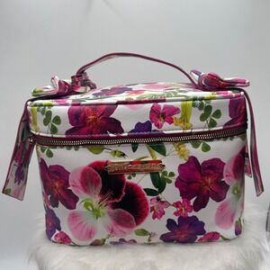Betsey Johnson Makeup Train Case Vanity Bright Bag Floral Print Pink Purple New